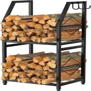 실내용 바이그로우 장작 랙 3개의 걸이 고리가 있는 2단 홀더 야외 파티오용 헤비 듀티 블랙