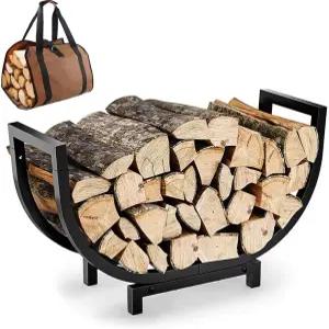 통나무 캐리어가 있는 24인치 곡면 장작 랙 콤보 컴팩트 실내 홀더 세트 와이드 스틸 스탠드 및 접이식