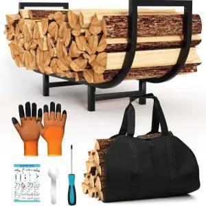통나무 운반기가 있는 장작 랙 실내용 34인치 벽난로 나무 홀더 검은색 야외 보관 정리함 안정적인 금속