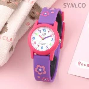 큐앤큐 VR99J-001Y 학습에 좋은 퍼플 플라워 캐릭터 어린이 아동 우레탄 시계 d