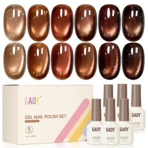 GAOY 브라운 캣 가을 젤 네일 폴리시 세트 자석 6가지 색상 샴페인 모카 골든 글리터 홀로그래피 집에서