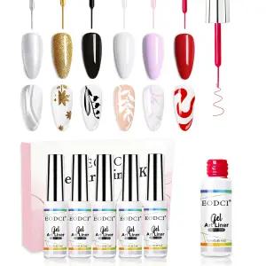에오디 네일 아트 라이너 세트 6개 블랙 화이트 레드 골드 실버 글리터 색상 페인트 스월 병에 내장된 얇은