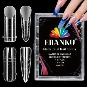 EBANKU 클리어 매트 폴리 젤 네일 폼 4가지 스타일 96PCS 듀얼 풀 커버 몰드 팁 아크릴 연장 도구 12가지