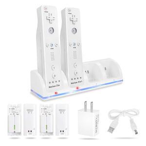 Wii & U 리모컨용 4-in-1 충전소, 충전식 배터리 팩 4개 포함 충전기(포트 충전소 + 2800mAh 교체 USB 케이블), 리모컨 미포함