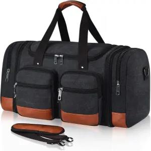 여행용 보이릭 캔버스 더플백 50L 확장형 휴대용 노트북 수납공간이 있는 남성용 주말 체육관 가방(블랙)