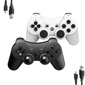 PS3 충전식 게임용 MOVONE 무선 컨트롤러 2팩, 충전 케이블 2개 포함, Playstation3(블랙+화이트)와 호환