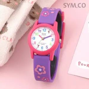 [큐앤큐] VR99J-001Y 학습에 좋은 퍼플 플라워 캐릭터 어린이 아동 우레탄시계 d