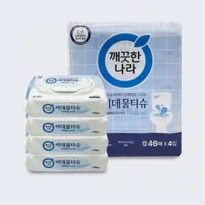 깨끗한 나라 닥터 비데 오리지널 물티슈 46 매 4입 안심 손세정제 휴대용손 크리넥스
