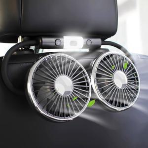 슈커 카 팬, 작은 야간 조명이 있는 뒷좌석용 12V 냉각 헤드레스트 360 회전식 듀얼 헤드 뒷좌석 팬 3단 속도 조절 세단 SUV RV용 차량 에어