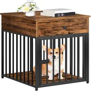 후브로 개 상자 가구 나무 집 서랍이 있는 장식용 사육장 작은 개를 위한 실내 애완동물 끝 테이블 스틸