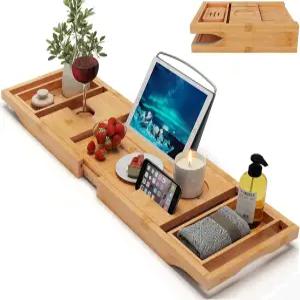 고급 목욕을 위한 대나무 욕조 캐디 트레이 확장 가능 와인잔 홀더가 있는 목욕 액세서리 및 테이블