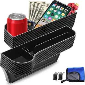 LEAACS 카시트 갭 필러 컵 홀더가 있는 프리미엄 가죽 오거나이저 두 개의 시트 후크가 휴대폰 열쇠 카드