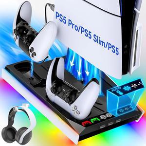 자동 터보팬과 3레벨 속도의 PS5 /Slim /Pro 냉각 스테이션, 컨트롤러 충전기가 있는 수직 스탠드 팬 소니 플레이스테이션 4 충전기용 액세서리 베이스 쿨러 도킹 스테이션