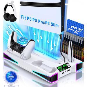 플레이스테이션 5 /Pro /Slim 콘솔용 카웨이 PS5 스탠드 냉각 스테이션, 2.36인치 대형 P5 팬 팬, RGB 조명, 듀얼 컨트롤러 충전기, 헤드셋 홀더, 3개의 충전기 포트가 있는 액세서리 수직