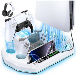 플레이스테이션 5 /Slim /Pro, PS5 냉각 스탠드 스테이션 수직 및 3레벨 쿨러 팬, 컨트롤러 충전 도크와 호환되는 듀얼 충전기가 있는 PS5용 스테이션, 3 게임용