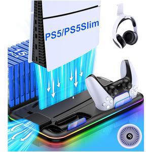PS5 / 슬림 스탠드 및 냉각 스테이션, 플레이스테이션 5용 컨트롤러 충전 액세서리 키트 포함. 3단계 팬, LED, 15개 게임 슬롯, 디지털 디스크 콘솔용 헤드셋 홀더