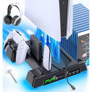 PS5 /Slim /Pro 스탠드 및 PlayStation 5 콘솔용 LED 컨트롤러 충전 스테이션, 충전기, 냉각 스탠드, 액세서리 키트(3레벨 팬 포함) - 블랙