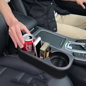 오콘 자동차 컵 홀더 오토 음료 PU 가죽 커버가 있는 다기능 자동 앞좌석 정리함 갭 필러 보관함 코인 버킷