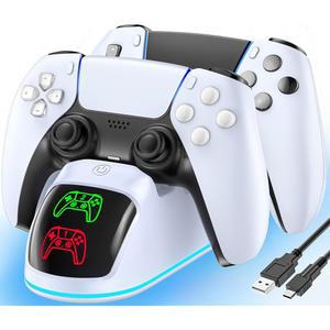 PS5용 컨트롤러 충전기, 플레이스테이션 5 듀얼센스 및 엣지용 듀얼 충전 도크 스테이션(RGB 라이트 포함), 케이블 포함 고속 PS5 스테이션