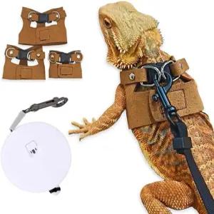 수염 용 목줄 - 3사이즈 팩 파충류 외출 조절 가능한 부드러운 가죽 도마뱀 하네스와 접이식 작은 동물