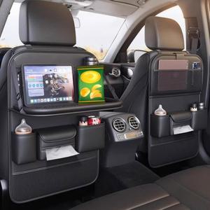 접이식 테이블 트레이가 있는 베루유 2팩 가죽 자동차 뒷좌석 정리함, 태블릿 홀더가 카시트 등받이 보호대 킥 매트, 여행용 액세서리 보관 정리함