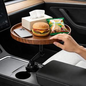 이티아오유 카 푸드 컵 홀더 트레이 - 360 회전 테이블 및 카시트 트레이, 노트북 트레이용 탈착식 나무 데스크, Tesla Model Y /3 /S, Ford F150 / 익스