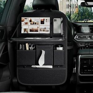 GMQ 뒷좌석 차량 정리함 1팩, 트레이가 있는 정리함, 접이식 태블릿 홀더가 다기능 카시트 보관함(카본 블랙, 위브)