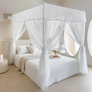 AIKASY 코너 소녀와 프린세스 있는 러플 침대 우아한 레이어 위한 개구부가 커튼 모기장 포스트 이중 4개의 네팅 전체 아늑한 캐노피 드레이프 흰색 성인을