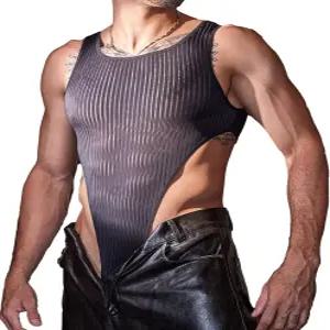 YUBNG 남성 레슬링 싱글렛 메시 스트랩 바디수트 시어 레오타드 스포츠 체육관 클럽웨어