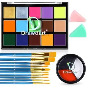 드로다트 18 컬러 프로페셔널 페이스 바디 페인트 키트 15+3 페인팅 팔레트 아티스트 브러시 10개와 스펀지
