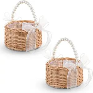 Ptwola 2PCS 플라워 걸 바구니 위커 라탄 우아한 보크노트 새틴 웨딩 요정 꽃 진주 손잡이 리본 활 다용도