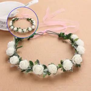 쌍문상회 산뜻한 12송이 화이트 장미 꽃 화관 머리띠 파티 결혼식