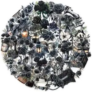 50개의 다크 에스테틱 고딕 투명 스티커 스크랩북용 블랙 로즈 플라워 팩 저널링 장식 플래너 킨들 노트북