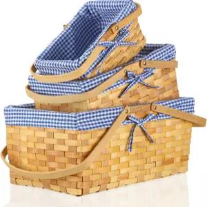 LOYIM 3개 다양한 크기의 부활절 피크닉 바구니 손잡이 스프링 격자 깅엄 체크 라이너 소박한 직조 캠핑