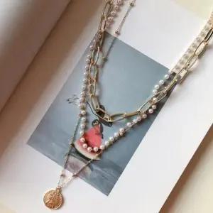 써지컬 연장고리 진주 3중 체인 목걸이 코인 레이어드