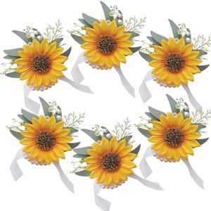 WEIERYUE 조화 해바라기 부토니에르 신부 파티 세트 들러리 격식 코사지 빈티지 웨딩 플라워 프렌치 러스틱 시뮬레이션 디너 가을 있는