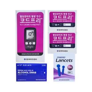 에스디 코드프리 혈당측정기+시험지 100매(27년09월)+채혈침 110개+알콜솜 100매