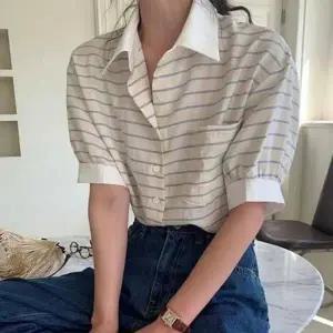 퍼프소매 카라반팔티 여성 여름 스트라이프 티셔츠