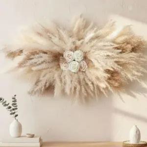 36-38인치 대형 팜파스 잔디 벽 장식 DIY 인공 장미 및 천연 건조 보호 걸이 꽃 거울 웨딩 아치 현관 선물