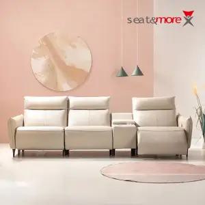 [CJ최저가]스완플러스 전동 4인용 이태리천연통가죽 리클라이너소파 소프트화이트)