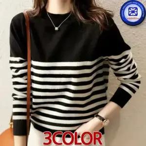 여성 봄가을 겨울 KARA 카라 프랑스 레트로필 스트라이프 라운드넥 니트티 3칼라 /3