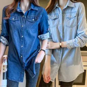 여성 봄가을 DAISY 데이지 투웨이 플라워 배색원단 소매롤업 투포켓 데님 반팔 긴팔 셔츠 루즈 캐주얼 학생 직장인 셔츠 남방 /3