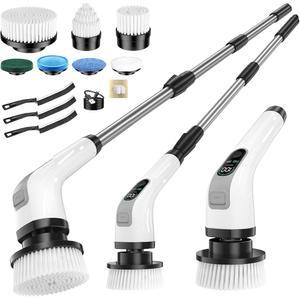전동 스핀 스크러버, 대형 배터리 및 롱 런타임 파워 클리너, 교체 가능한 브러시 헤드 7개, IPX7 방수 조절 익스텐션 핸들, 욕실, 샤워, 타일, 바닥용 2단 속도