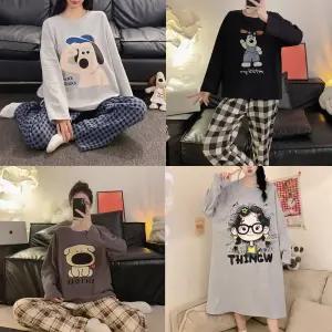 여성용 프리티 홈웨어 잠옷 원피스 상하의세트 데일리 사계절 파자마 긴팔 극세사 학생 성인