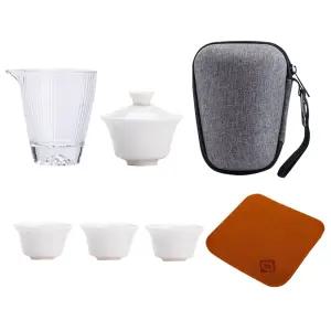 7종 휴대용 다기 세트 전용 파우치 포함 차 다도 찻잔 여행용 도자기 개완 티팟 유리 다구 고급 다기잔