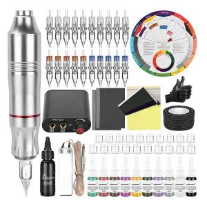 BAMTOO 타투 펜 키트 카트리지 바늘 머신 초보자용 로터리 완전한 세트 (SILVERY)
