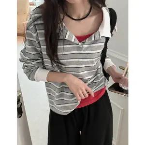 [공구우먼] 코멜 크롭 스트라이프 카라 티셔츠 86802 빅사이즈 여성의류