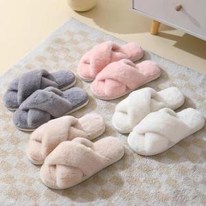 2025 신상 가을 겨울 인조 토끼털 여성 크로스 스트랩 홈 코튼 슬리퍼 두꺼운 밑창 따뜻한 실내 슬리퍼