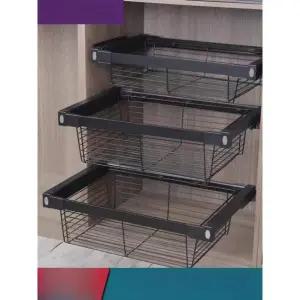 프리미엄 옷장 슬라이딩 서랍 바구니 수납 철제 레일 댐핑 장농 라이트블랙 35-40