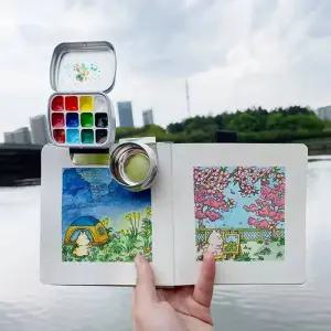 화통 화구통 그림통 빈 12 미니 수채화 주석 상자 휴대용 페인트 팔레트 여행 그림 트레이 미술